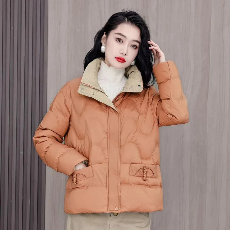 Short Down Jacket with Stand-up Collar for Women, Thick Warm Snow Jackets, Retro Pocket Outerwear, Casual and Simple, Winter