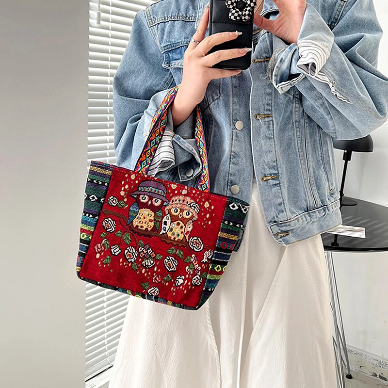 Trendy Elephant Embroidery Handbag Owl Canvas Women Shoulder Bags Animal Ethnic Handbag Female Tote Bag