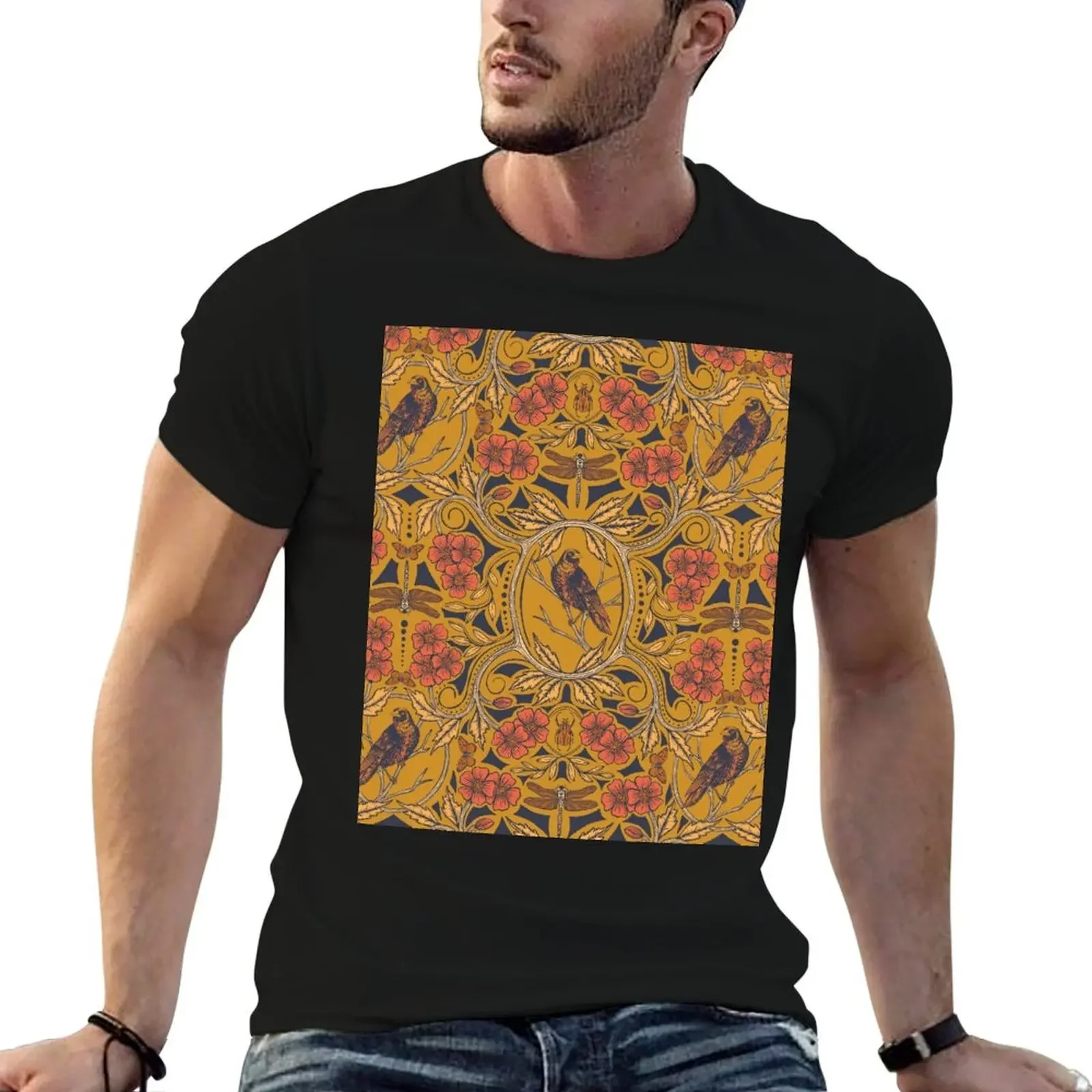 Warm Mustard Yellow & Orange Crow & Dragonfly Floral T-Shirt aesthetic clothes Aesthetic clothing men clothes