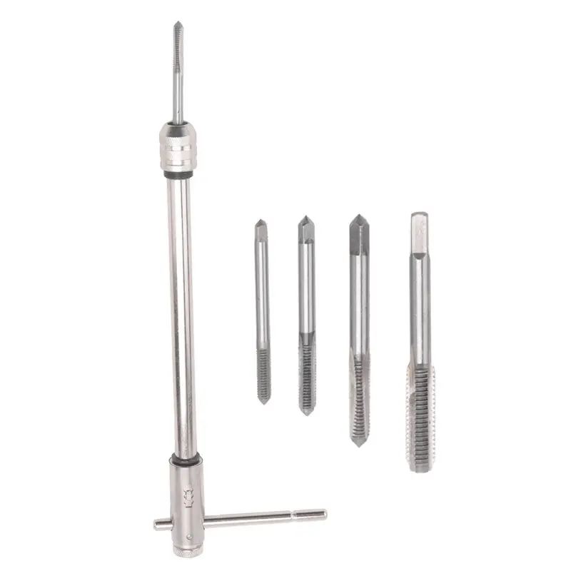 AT21-Langer, verstellbarer silberner T-Griff-Ratschen-Gewindeschneidewerkzeug mit 5 metrischen Gewindebohrern (M3-M8, 3mm-8mm)