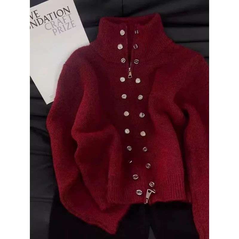 เสื้อแจ็คเก็ตสเวตเตอร์คอปกยืนกระดุมสองแถวสำหรับงานหนักสีเทาสำหรับผู้หญิง, เสื้อสเวตเตอร์ถักซิปหนาฤดูใบไม้ร่วงและฤดูหนาว