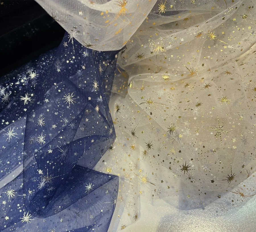 Starry Champagne Dark Blue and Red Bronzing Shiny Fabric Dress Mesh Fabric