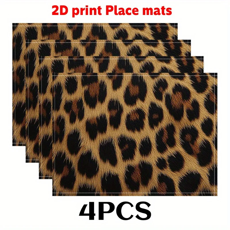 4‑Pieces Brown Gold Leopard Print Table Runner, Polyester for Home Kitchen Dining Party Indoor Outdoor Decor