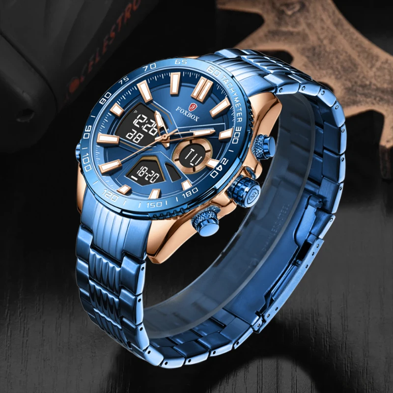 FOXBOX-Montre-bracelet de sport analogique numérique en acier inoxydable pour homme, horloge militaire masculine, marque supérieure, luxe, nouveau,