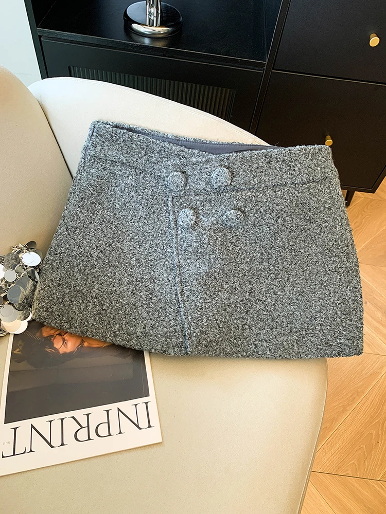 Women's Grey A-line Mini Skirt Vintage Low Rise Wrap Skirt Harajuku Korean Style Y2k Woolen Skirts 2000s Clothes Spring Summer
