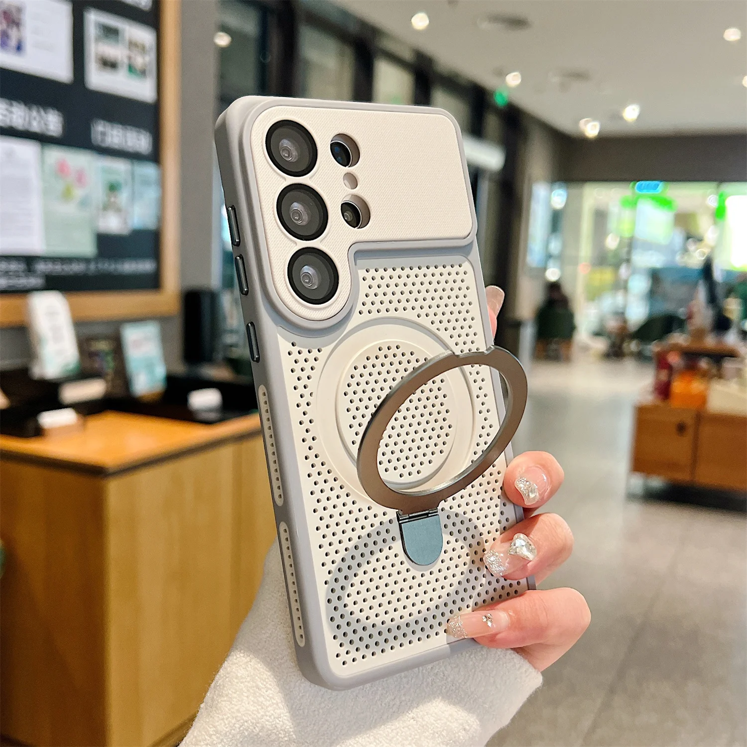 Luxury Heat Dissipation Cooling Mesh Hole Phone Case for Samsung S24 S25 S26 Ultra For Magsafe Magnetic Stand Holder Armor Cover