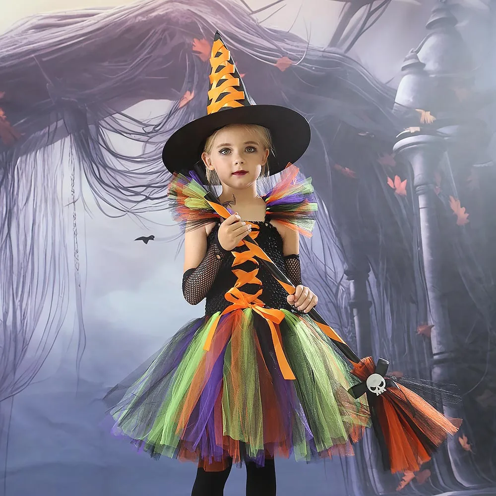 2024 Disguise Witch Costume for Girls Halloween Tutu Knee Dress with Hat Broom Pantyhose Kids Carnival Cosplay Party Outfit Set