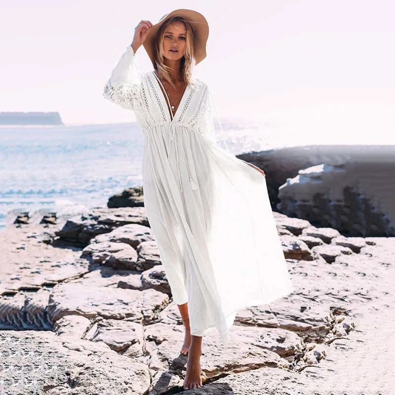 Sexy Hollow V Neck Women Summer Casual Kaftan Dresses Swimsuit Cover Up for Swimwear