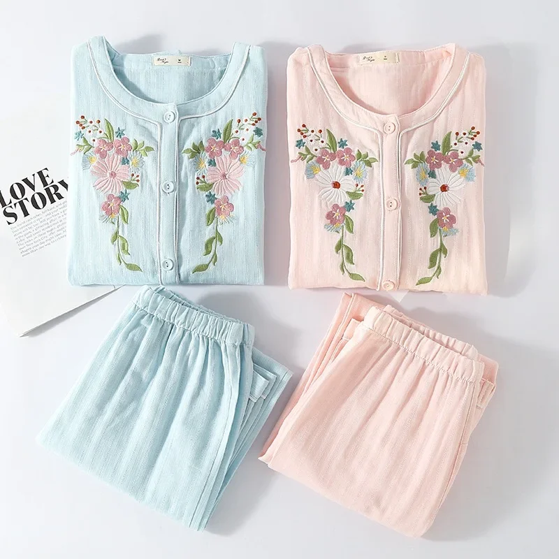 

Женская пижамная одежда из 100% хлопка, одежда для сна, ночная рубашка с вышивкой, летние женские длинные брюки с короткими рукавами, кардиган, пижамный комплект