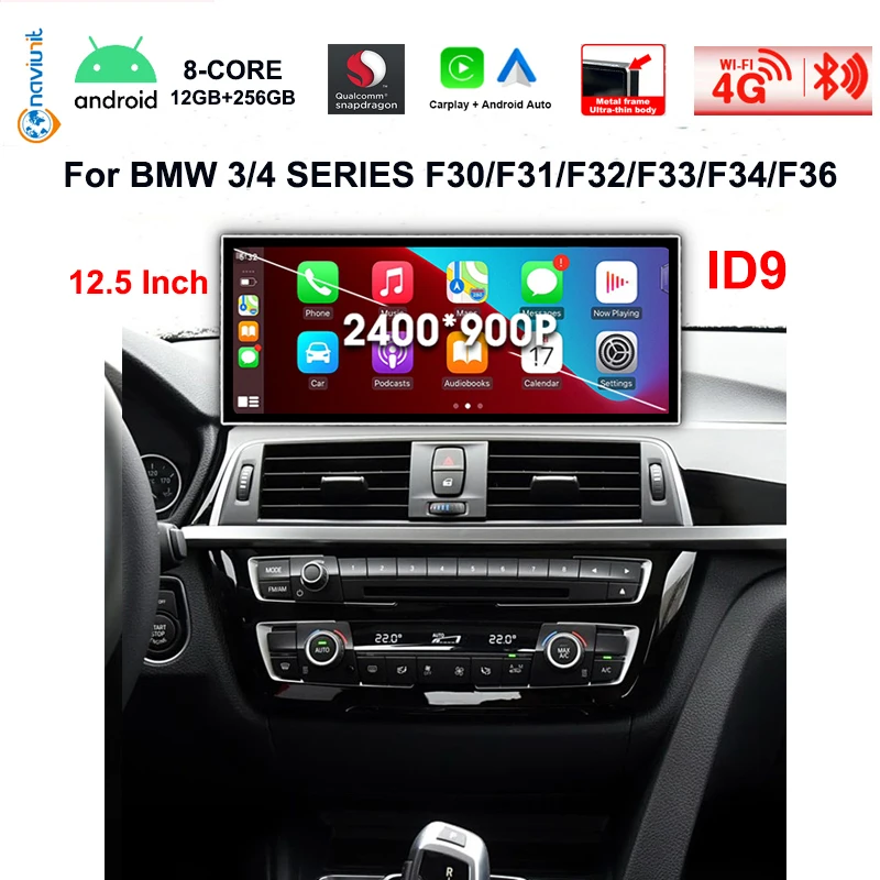 ID9 Snapdragon 8 CORE 12.5'' 2400*900P Écran QLED Sans Fil Carplay Android 15 Autoradio GPS Pour BMW Série 3/4 F30 F31 F32 F33 F34 F36 NBT EVO autoradio stéréo Lecteur multimédia Bluetooth WIFI 4G LTE