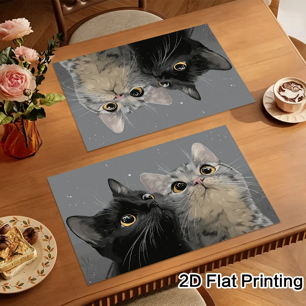 Modern Minimalist Black & Gray Placemats Suitable for Kitchen, Dining Table - Rectangular Table Mats with Feline Face Print