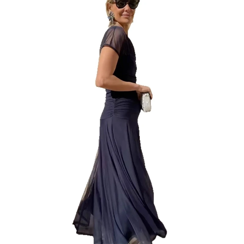 فستان لربيع وصيف 2025 شبكي برقبة دائرية شفافة بطيات فستان نسائي غير رسمي للحفلات Y2K موضة عصرية