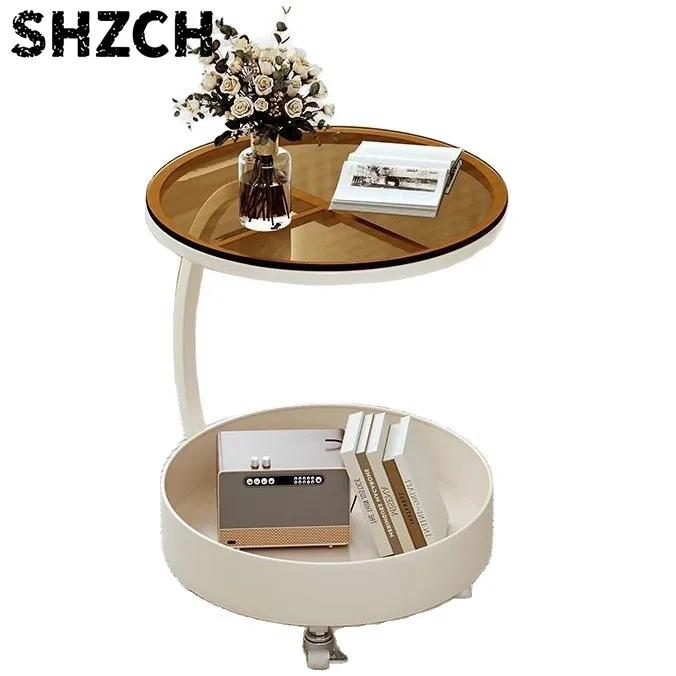 Living Room Sofa Edge Table Light Luxury Corner Cabinet Small  Simple Iron Snack Shelf Double Layered Movable Trolley