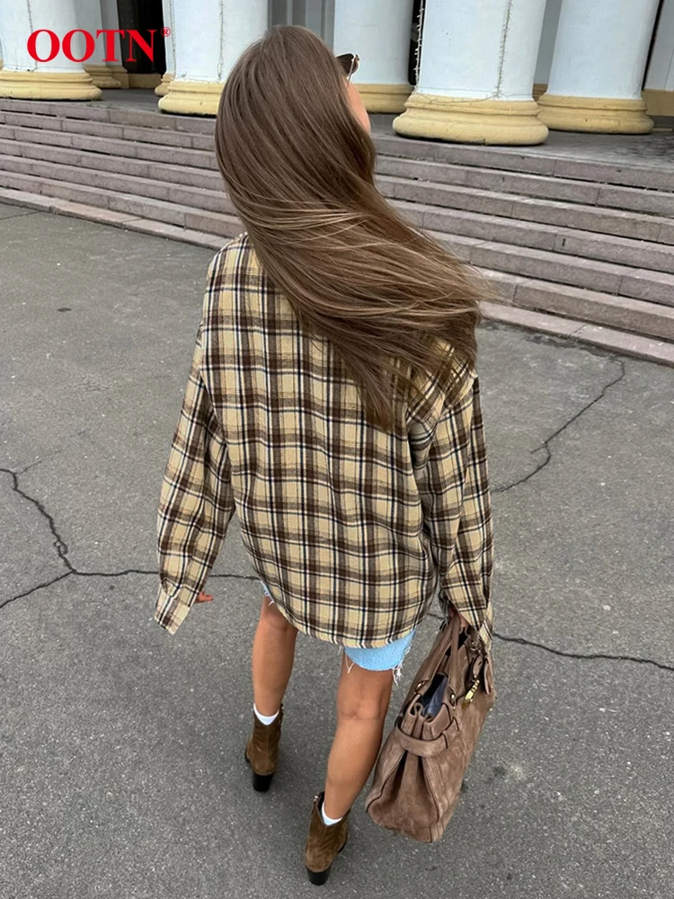 OOTN Autumn Loose Plaid Shirts Blouses Female Fashion Long Sleeve Pockets Blouses Casual Thin Single Brasted Shirts Women 2024