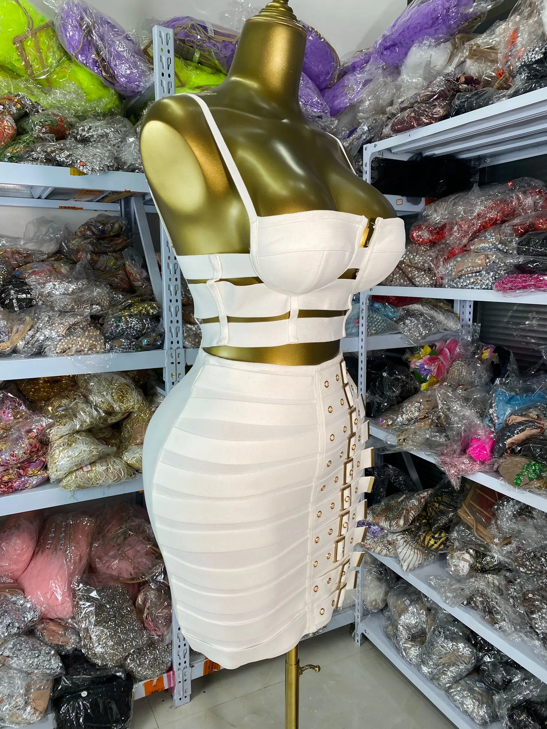 Frauen Sommer High Street Weiß Bandage Outfits Leibchen Crop Top Und Hohe Taille Rock Zwei Stück Sets Musical Festival Outfits