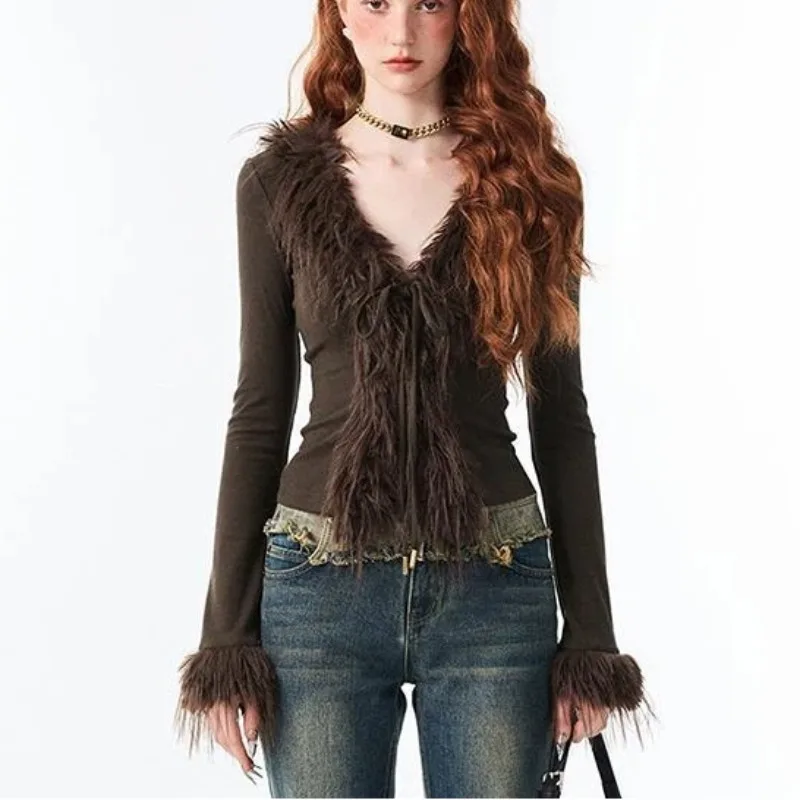 

Y2k Aesthetic V-neck Jacket Women Japanese Sexy Fashion Cardigan Harajuku Vintage Bandage Fur Patchwork Coat 2026 Spring Chic