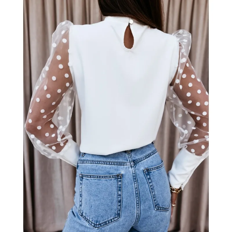 Spring Women\'s Casual Lace Shirt/chiffon Shirt Fashion Stand Up Collar Solid Color Lace Dot Long Sleeved Commuting Chiffon Shirt