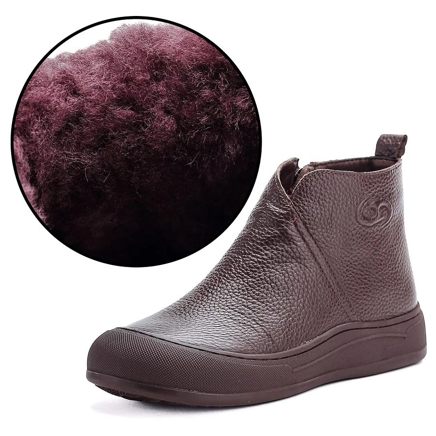 

New V neck genuine leather boots ladies concise winter plush shoes waterproof chelsea ankle boot women zip up flat short booties