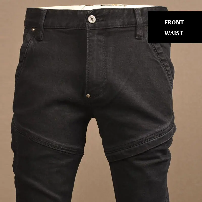 Streetwear Fashion Men Jeans Black Stretch Slim Fit Spliced Designer Biker Jeans Homme Patched Hip Hop Denim Punk Pants Hombre