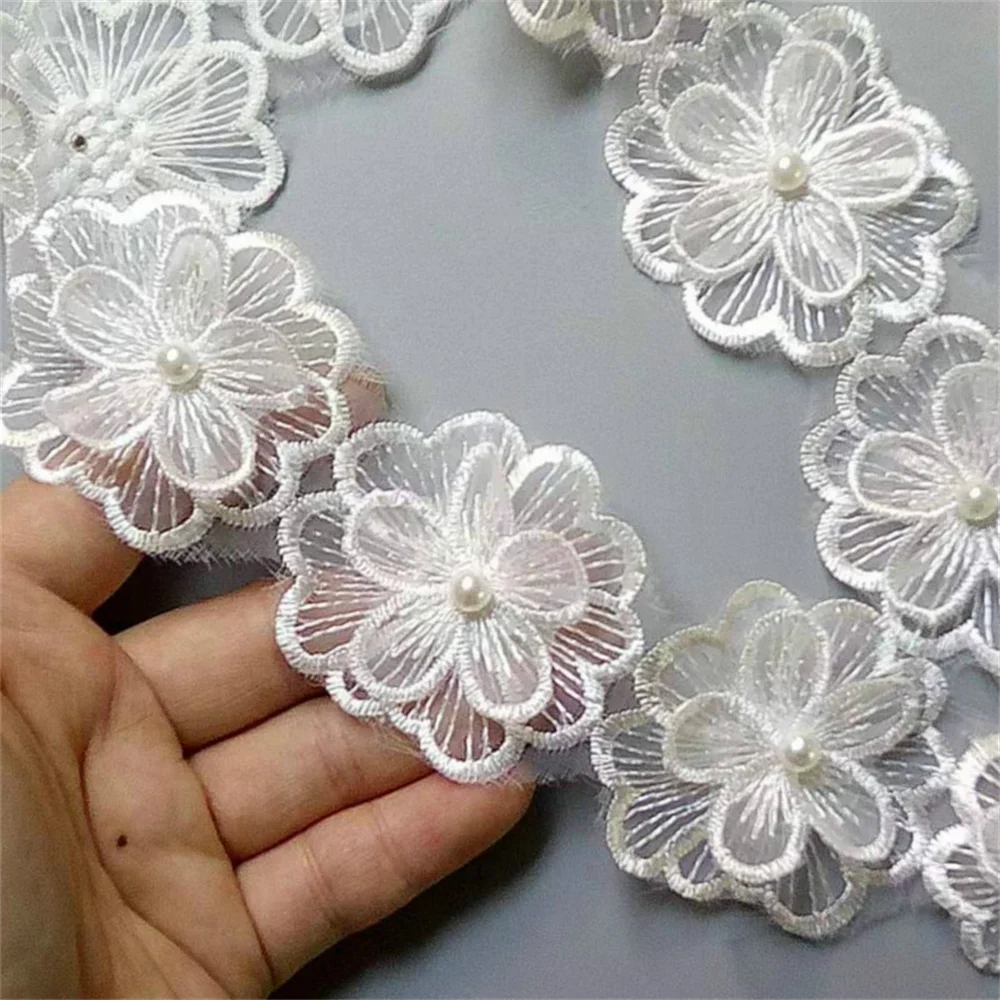 2 Yard White 5CM Pearl Flower DIY Soluble Wedding Lace Trim Knitting Embroidered Handmade Patchwork Ribbon Sewing Supplies Craft