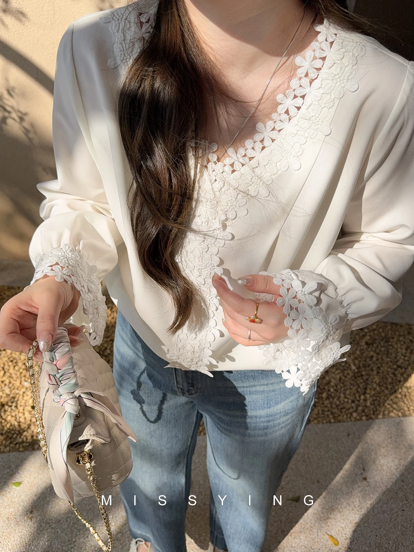 

Miss ng plus Size Women's irt Lace Long Sve V-Ne White Spring New Sle Commute Sle Slim Fit Polyester Fiber