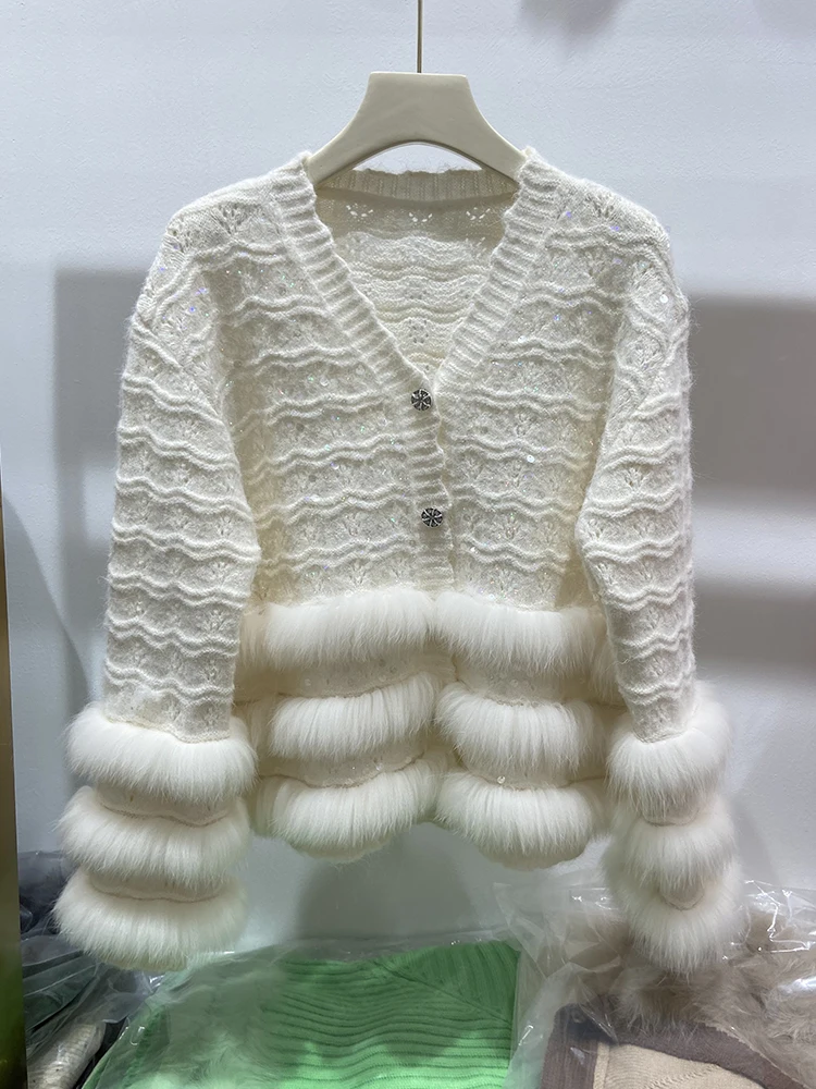 2024 Autumn Women Pink Real Fox Fur Cute Sweater Real Fur Spring Lovely Knitted Short Jacket Wear