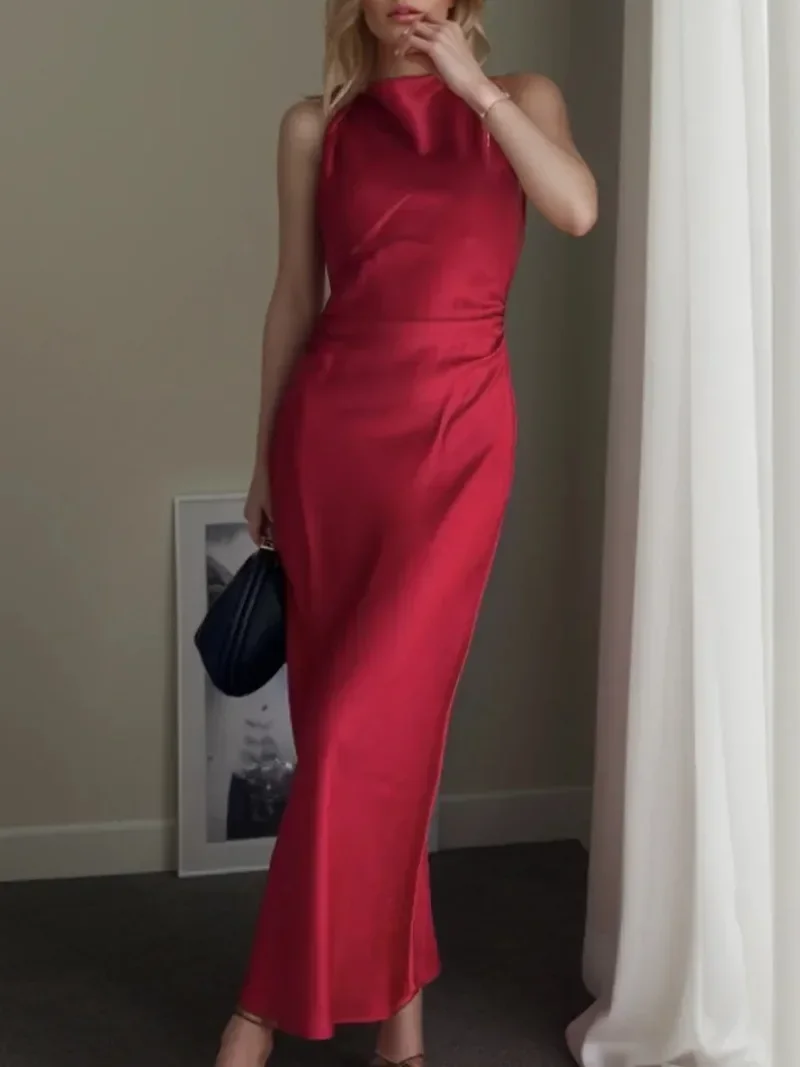 فستان Zeyla 2025 صيفي جديد من الساتان الحريري بدون أكمام - فستان نسائي أنيق بلون سادة للمناسبات الخاصة