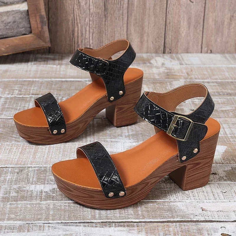 Women Sandals Retro Plus Size Thick High Heels Sandals Non Slip Gladiator Shoes for Women Ankle Buckle Platform Summer Sandals