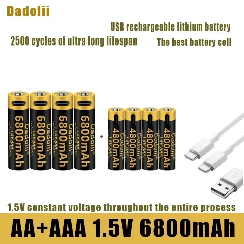 AA AAA Rechargeable Lithium Battery with Real 6800mWh 4800mWh High Capacity USB-C Direct Fast Charge 1.5V for Mic Toy Flashlight