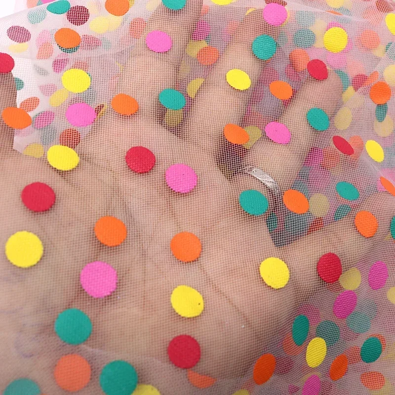 Colorful polka dot pattern lace fabric rainbow dots soft tulle fabric for girl dress baby dress decorative lace 59