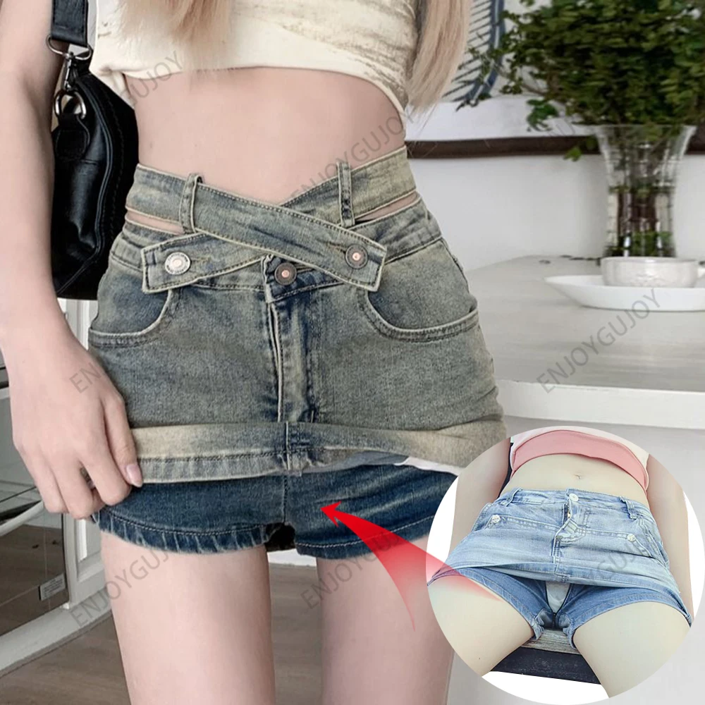 

Invisible Open Crotch Outdoor Sex Retro Denim Skirt Women's Clothing Summer High Waist Fashion Hot Pants Up Skinny Jean Shorts
