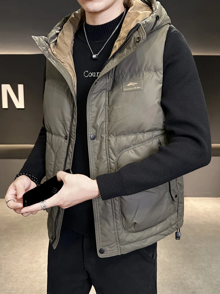 

Men's down Vest 2024 Winter New Sle Hooded Thiened Warm Outerwear Du down Vest High-End Feeling Svel Youthful