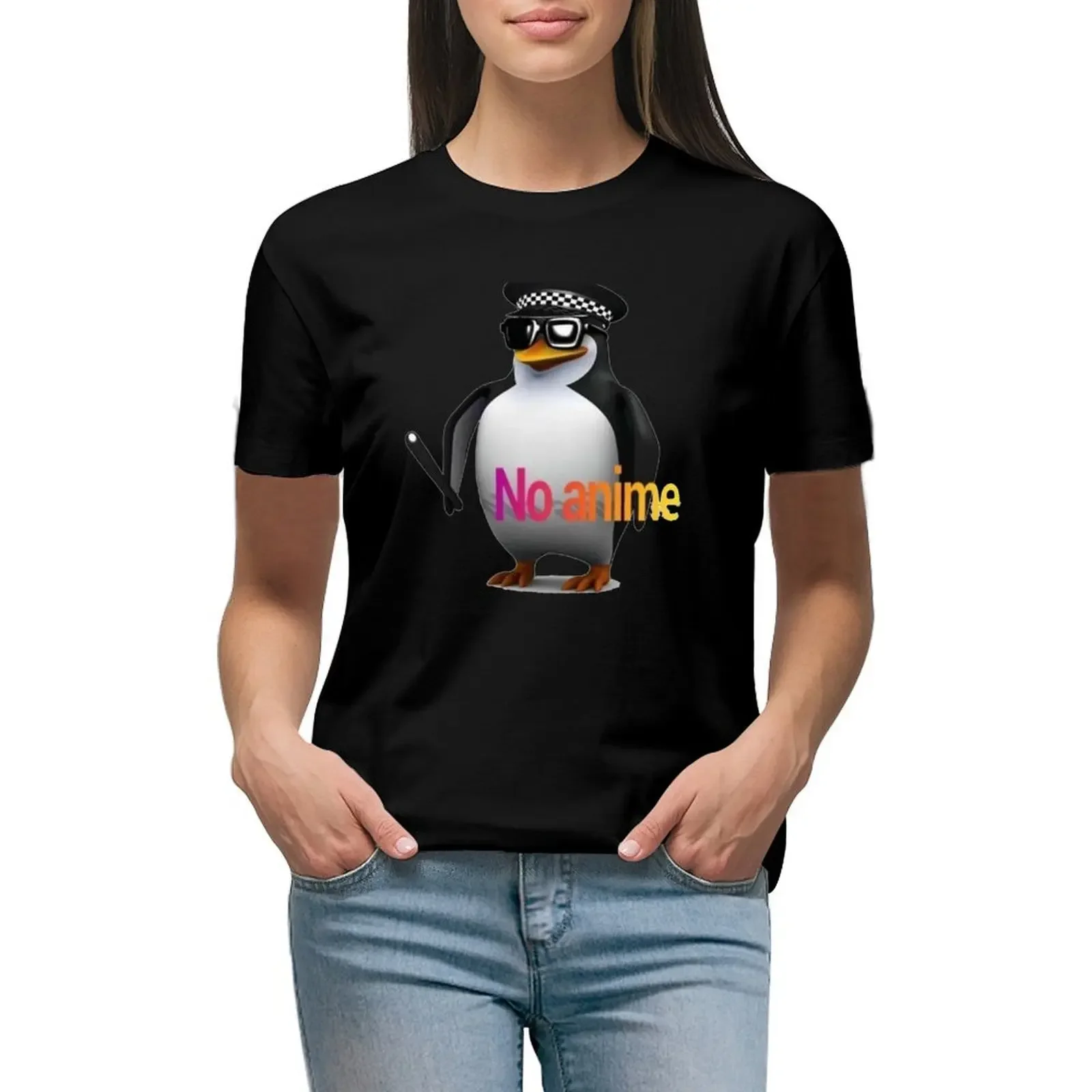 

NO anime allowed penguin cop T-Shirt vintage Aesthetic clothing t-shirts for Women graphic tees funny