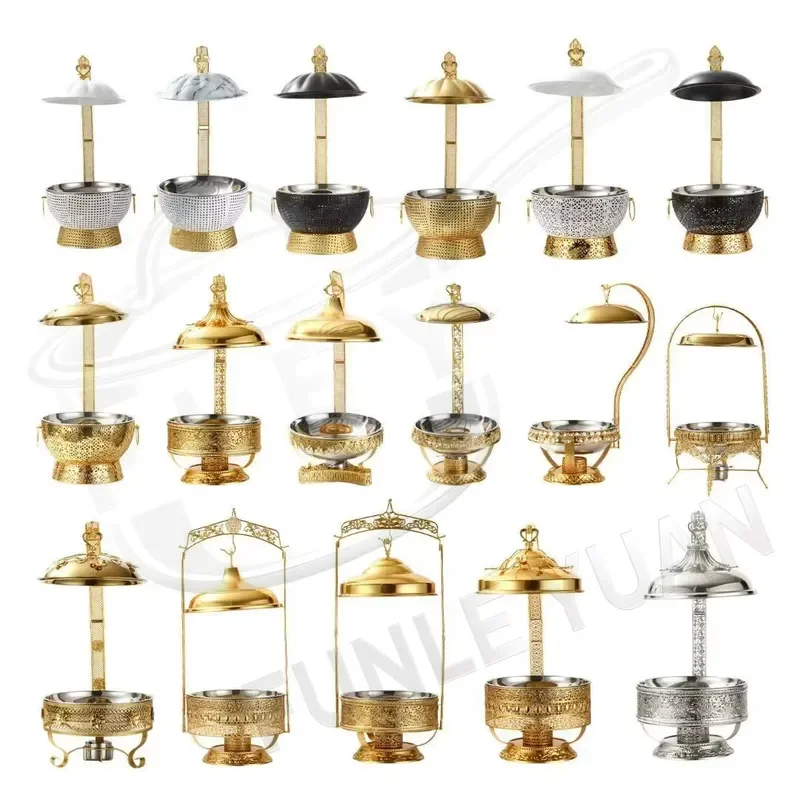8L Gold Stainless Steel Round Insulation Pot with Hanging Lid Buffet Food Heater Alcohol Fuel Hotel Catering Server