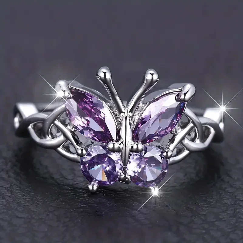 Huitan Romantic Purple Butterfly Rings for Women Charming Purple Cubic Zirconia Aesthetic Female Rings Party Fashion Jewelry
