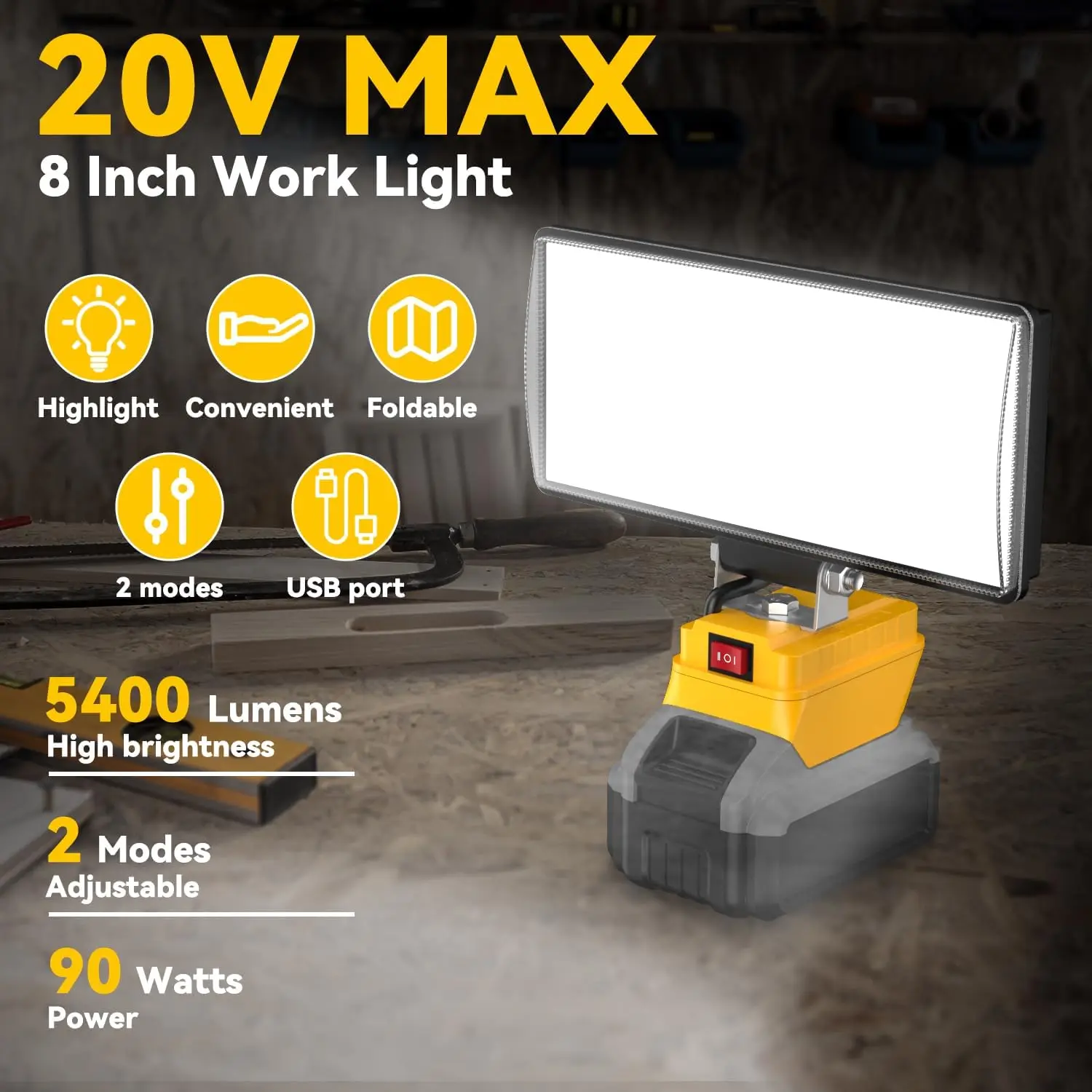 Portable LED Work Light for Dewalt 18V 20V Battery 90W Cordless Flood Lamp Outdoor Camping Emergency Garage Auto Repair Workshop