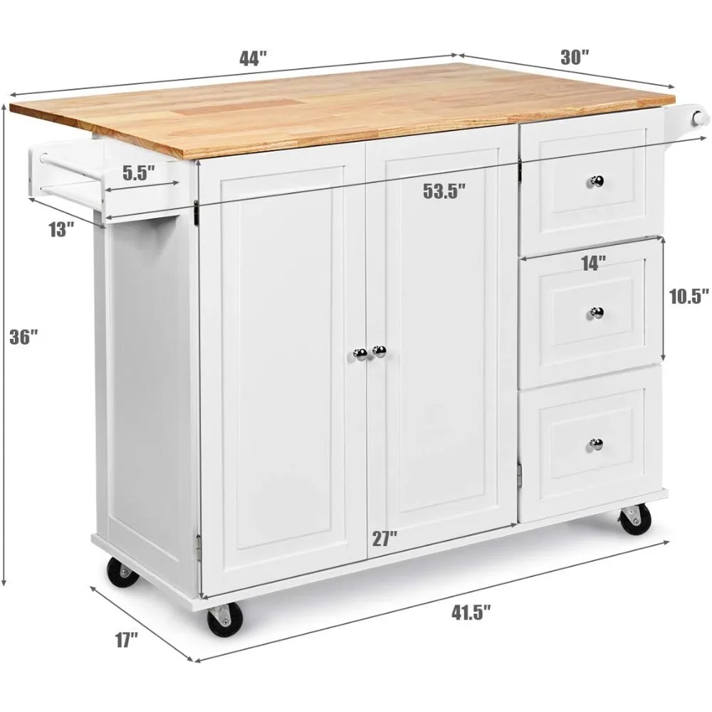 Kitchen Island Cart with Drop-Leaf Tabletop, Large Trolley Cart with Large Cabinet, 3 Drawers,(White)，Kitchen Islands & Trolleys