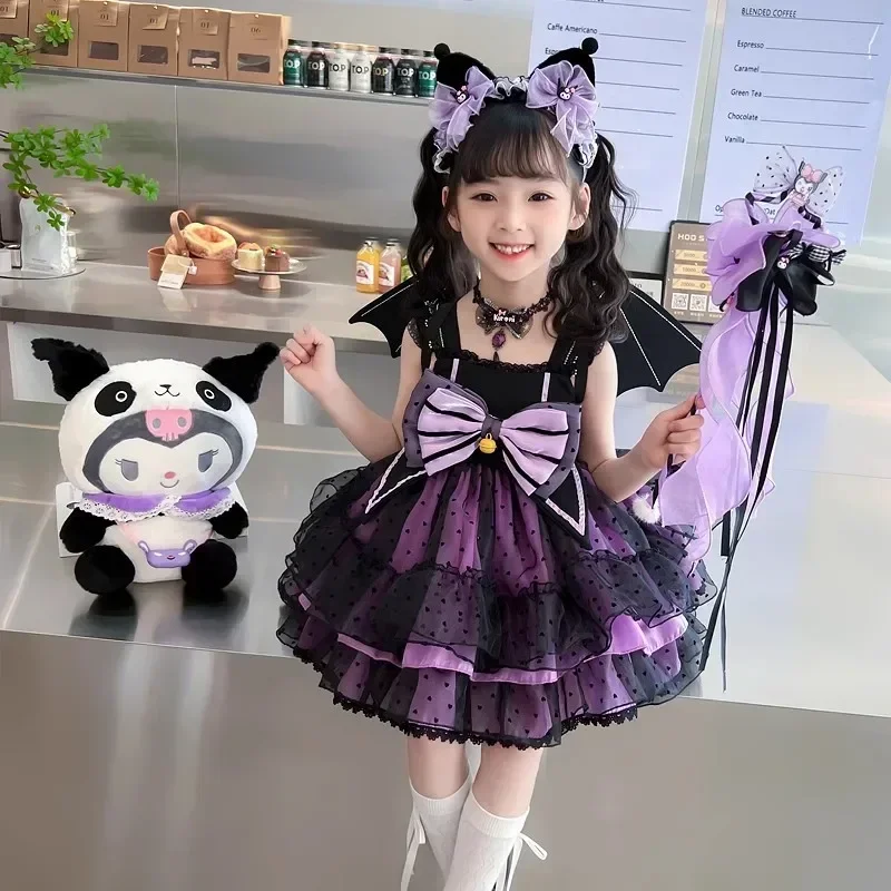 Halloween Sanrio Kuromi Children Dress CosPlay Pleated Skirt Academy Style Girl Outer Wear Princess Dress Birthday Festival Gift