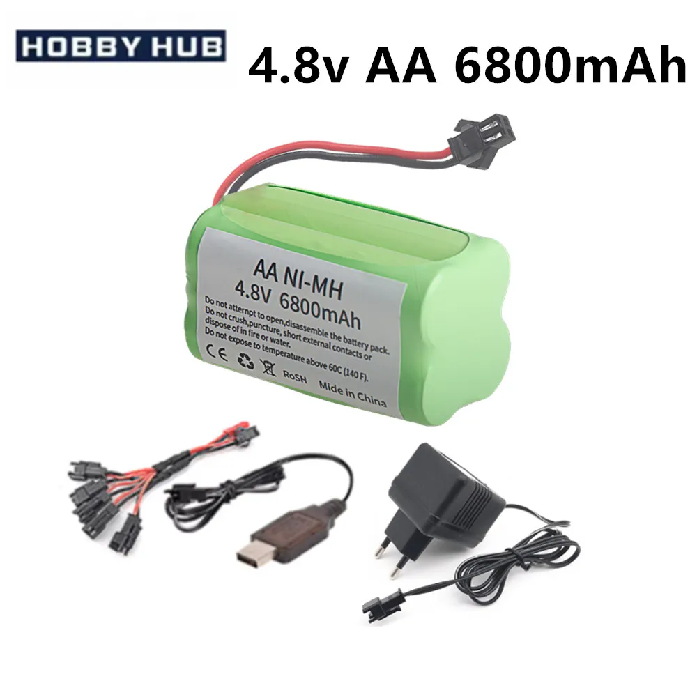 Juego de cargador y batería Ni-MH con enchufe SM de 4,8 v y 6800mAh para coches RC, robots tanques, pistolas, barcos, juguetes, accesorios, actualización
