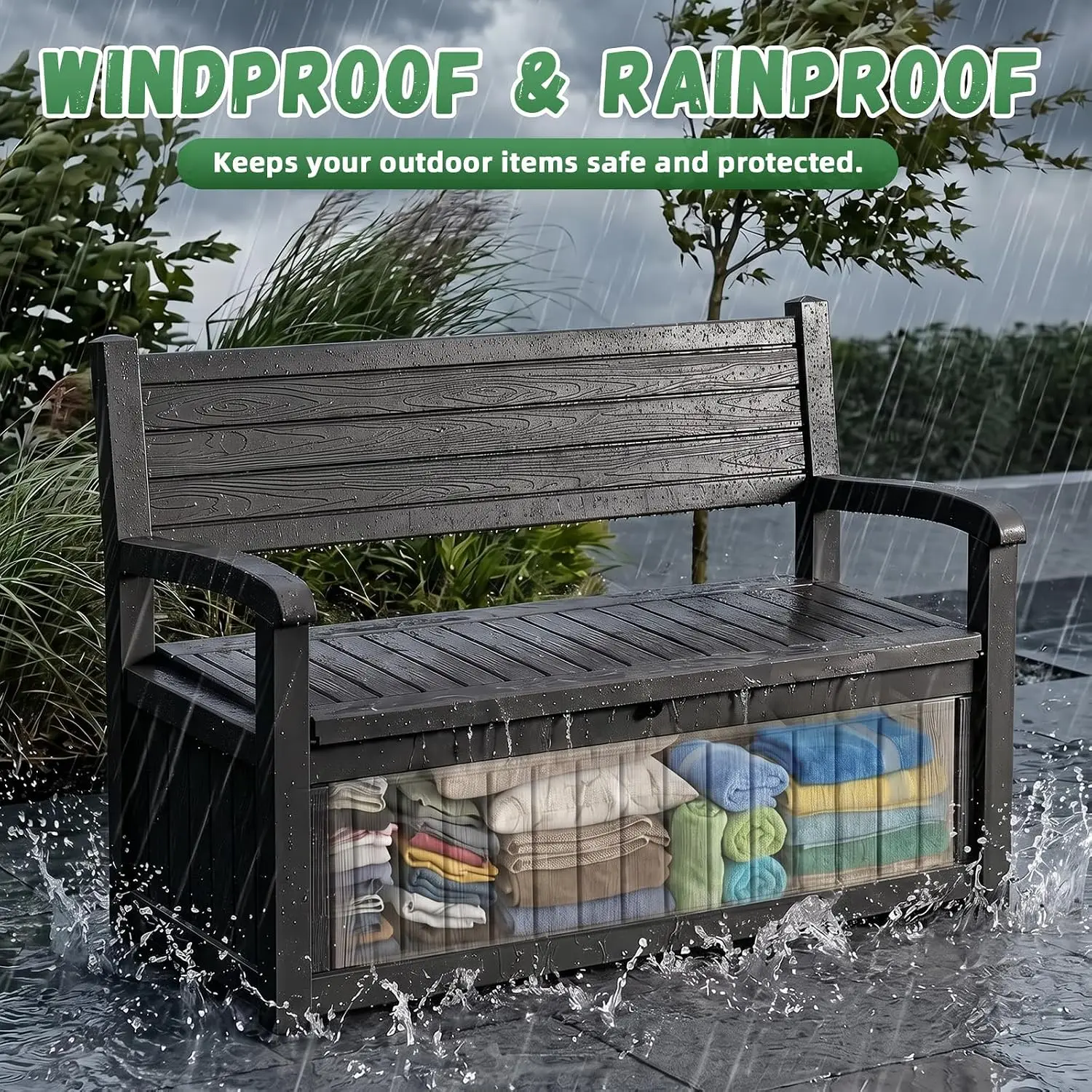 Large Outdoor Storage Bench Deck Box Waterproof Resin Lockable Furniture Container Outside Organizer For Porch Patio Pool Garden Cushion Tool Black view 5