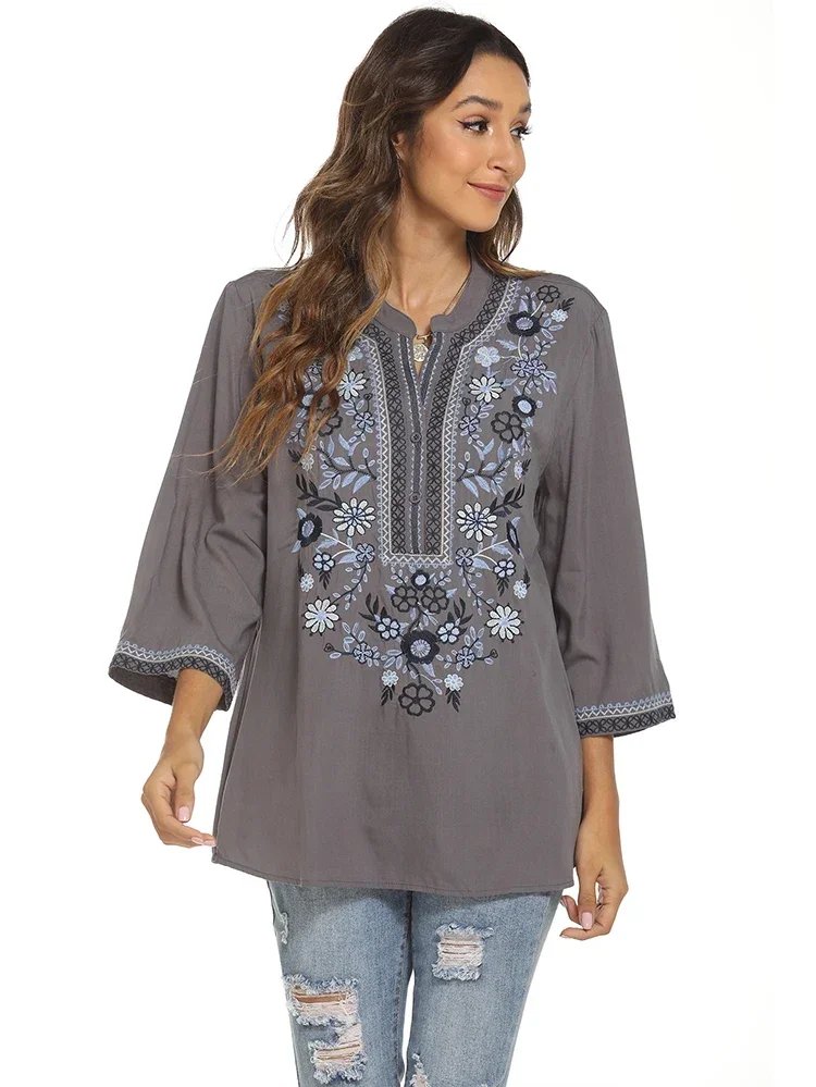 Boho Embroidery Long Blouses Grey Flroal Boho Vintage Chic Blouse Summer Blouse Mexican Women 2 3xl Ethnic Shirts