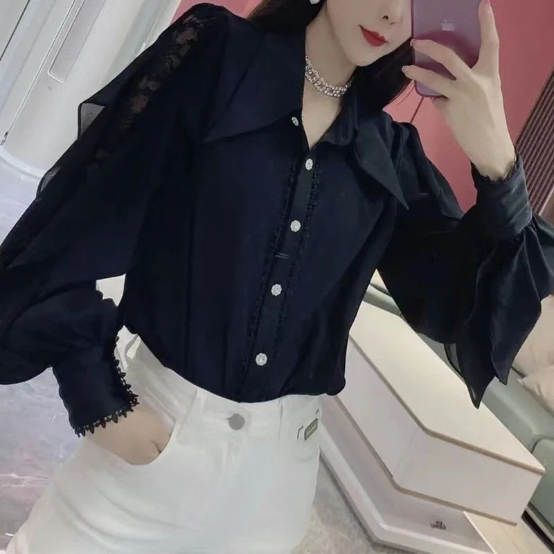 Spring Autumn Elegant Fashion Ruffles Patchwork Long Sleeve Shirt Female Polo-neck Buttons Hollow Out Blouse Women Cardigan Top