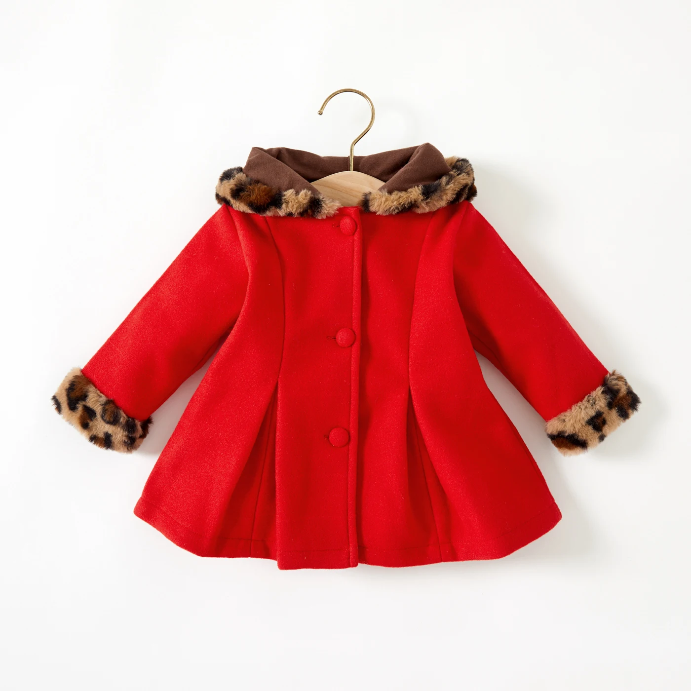 

PatPat Baby Red Long-sleeve Button Leopard Hooded Wool Blend Coat