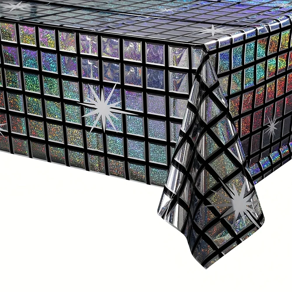 Holographic Disco Ball Tablecloth Laser Silver Table Cover for 70s 80s Party Birthday Wedding Bar Nightclub Table Decorations