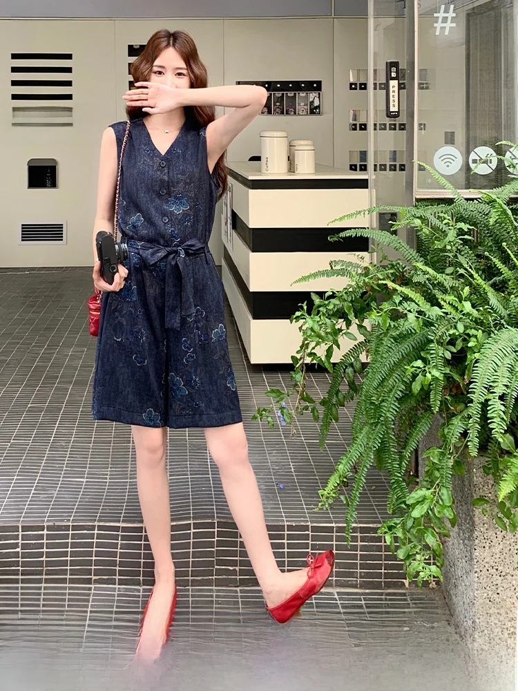 Mono vaquero azul V-Ne Svel para mujer, Faion de verano, holgado, de pierna ancha, con bordado Retro Sle hine