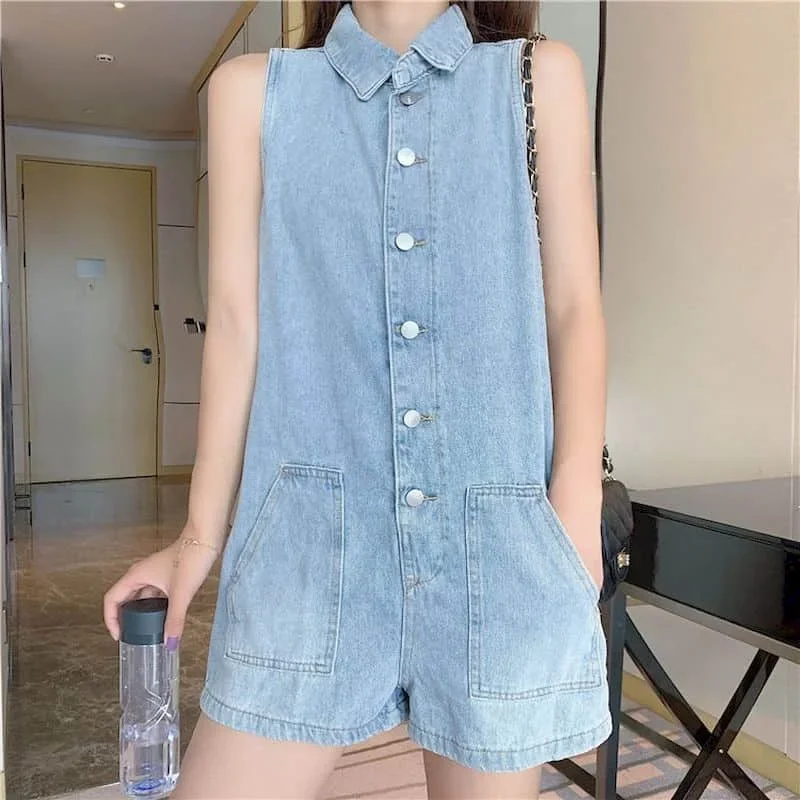 

Vintage Denim Jumpsuits Korean Fashion One Piece Outfits Women Clothing Thin High Waist Pants Wide Leg Shorts Summer Playsuits