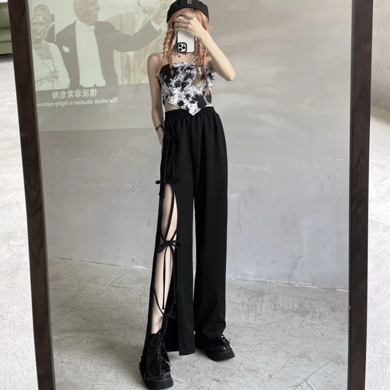 Asymmetrical Pants Women Bandage Design Pure Daily Streetwear Personality Summer Trousers Harajuku Ladies Casual Chic All-match