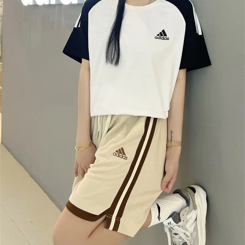 

Adidas Exercise Sets Men and Women Printed Striped Sweat Absorbing Hot Selling T-shirts and Shorts Sets Beige White and Black