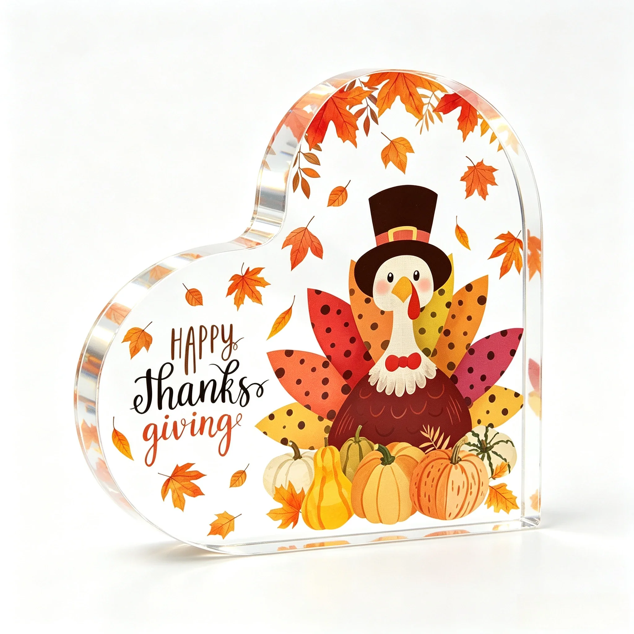 Happy Thanksgiving Heart‑Shaped Acrylic Tabletop Plaque, Cartoon Turkey Maple Leaf Desk Decor