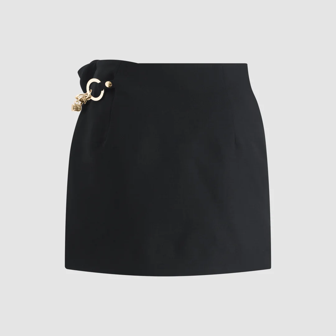 2026 Elegant High Waist Wool Wrap Skirt, Solid Gold Metal Chain Link Hardware Side Twist Ruched Slim Fit Mini Skirt